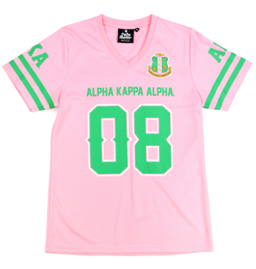 "AKA Sorority Pink and Green Football T-Shirt featuring Greek letters and official shield design, unisex fit S-3XL"