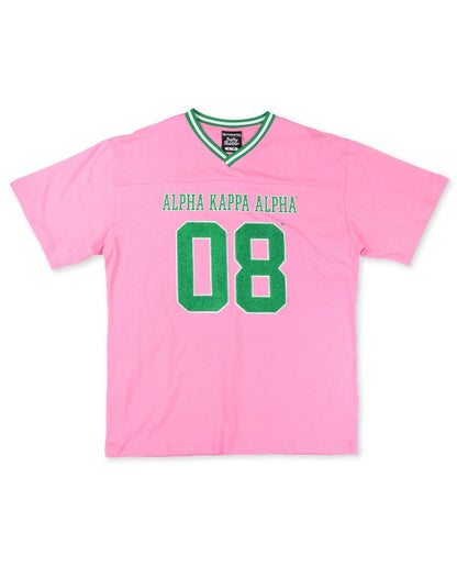 Front View: Alpha Kappa Alpha Sorority V-neck t-shirt with raised chenille lettering on the front.