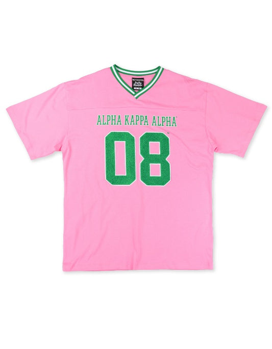 Front View: Alpha Kappa Alpha Sorority V-neck t-shirt with raised chenille lettering on the front.