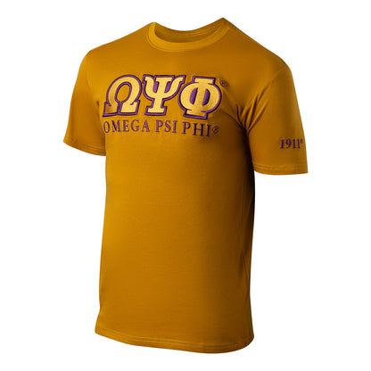 "Omega Psi Phi Gold T-Shirt with Embroidered Purple and Gold Greek Letters"