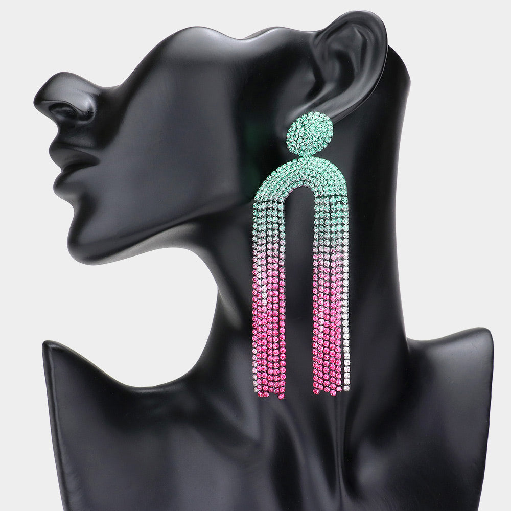 Pink & Green U shaped Rhinestone Fringe Evening Earrings