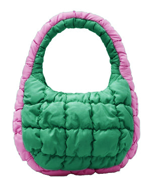 "Trendy compact puffer bag in pink and green colors"