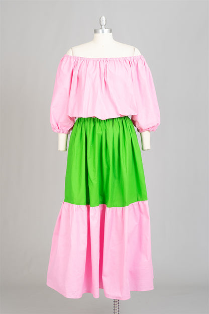 Pink & Green Color Block Dress | One Size Tiered Sundress with Pockets