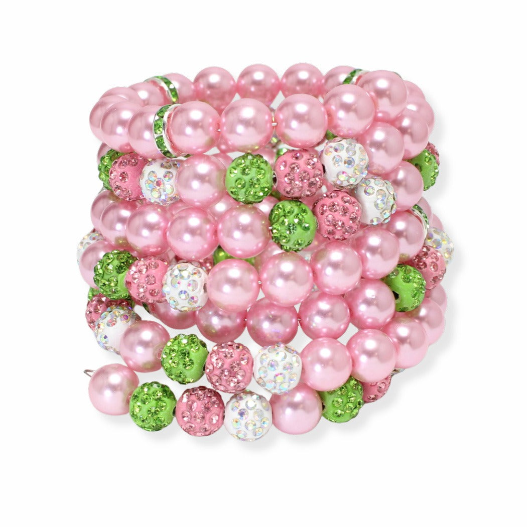 Vibrant AKA Sorority Bracelet Showcasing Pink Pearls and Glittering Green, Pink & White Rhinestones – Perfect for Celebrating Sisterhood.