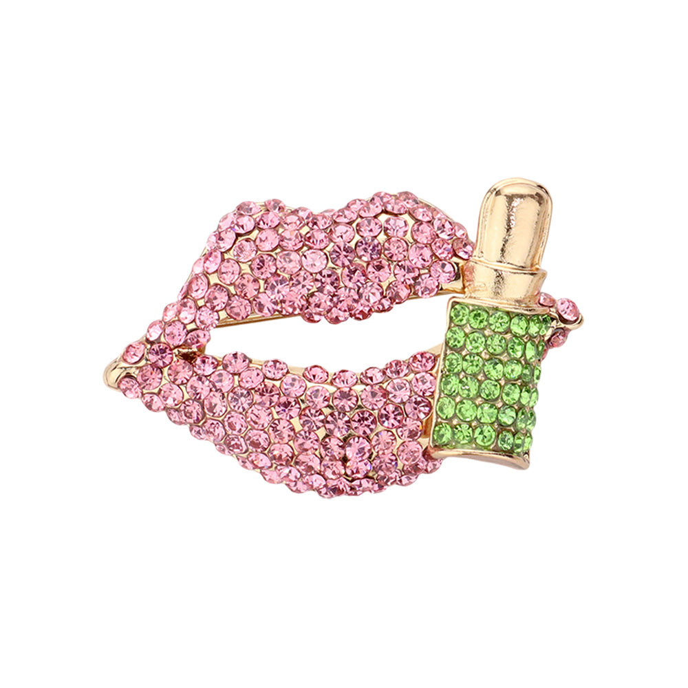 Sparkling pink and green rhinestone lips and lipstick brooch pin, glam gold-tone fashion jewelry for makeup lovers or AKA sorority style.