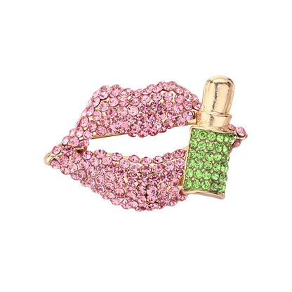 Sparkling pink and green rhinestone lips and lipstick brooch pin, glam gold-tone fashion jewelry for makeup lovers or AKA sorority style.