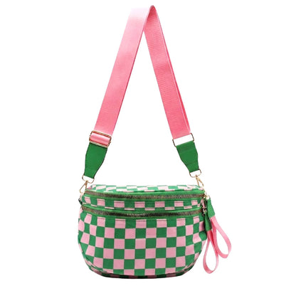 Green and pink checkered bag with a pink strap on a white background
