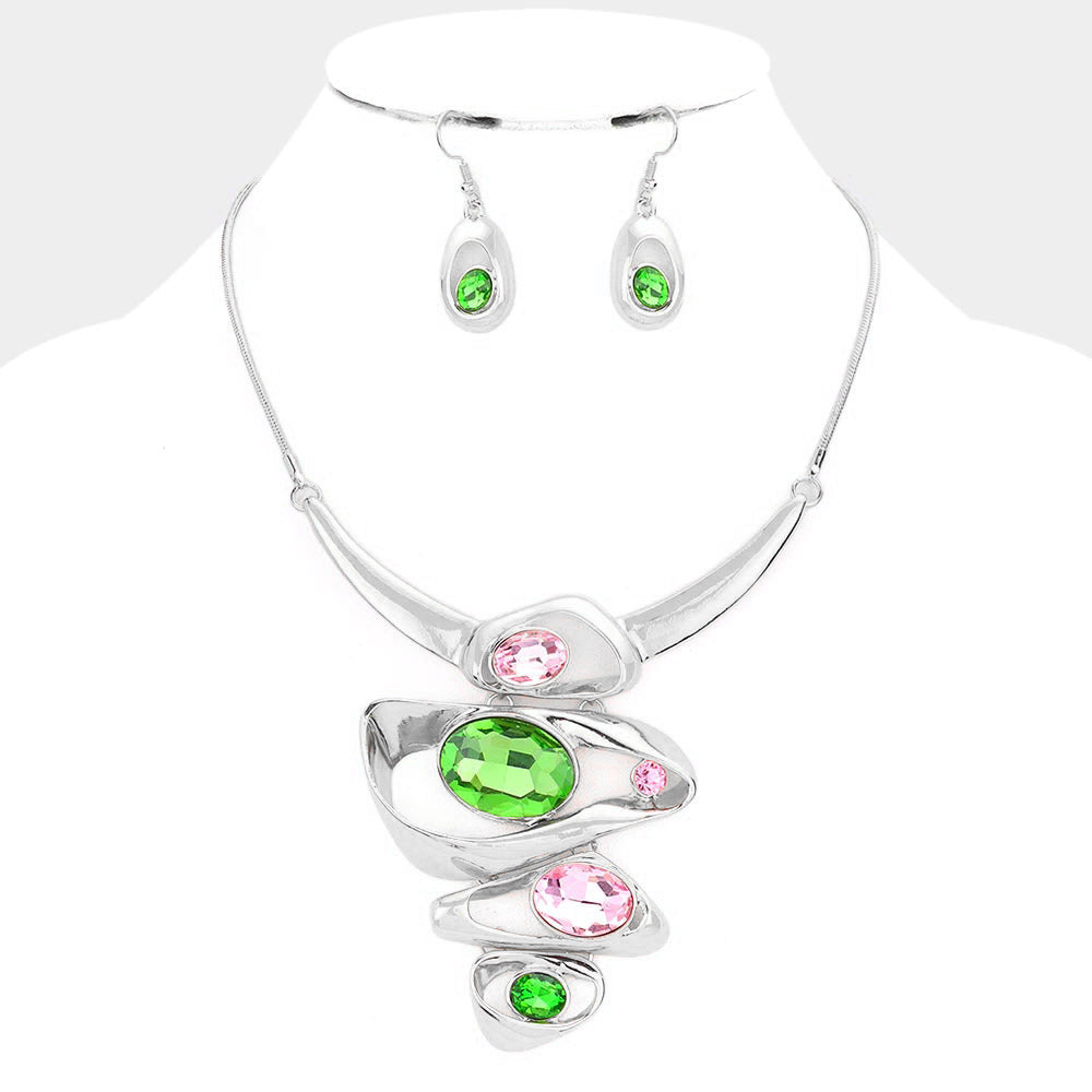 Alpha Kappa Alpha Pink & Green Gem Necklace Set 