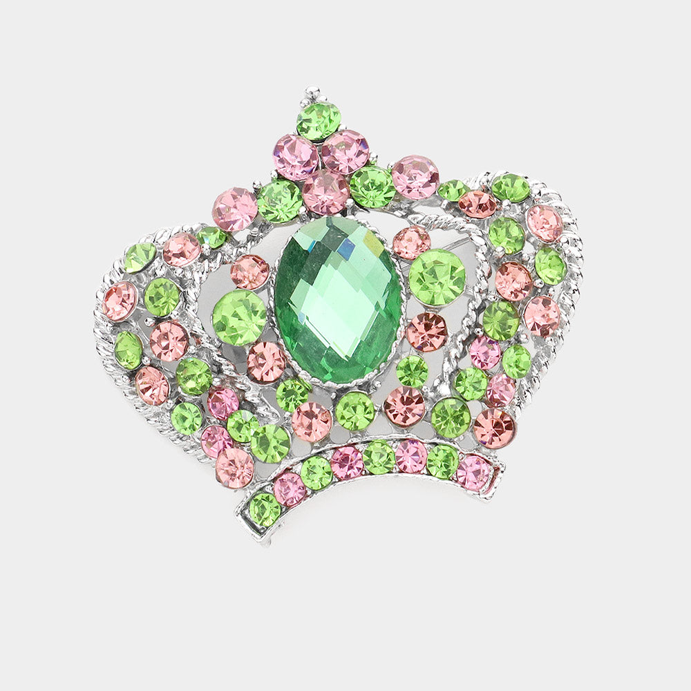 Pink & Green Embellished Rhinestone Crown Brooch Pin