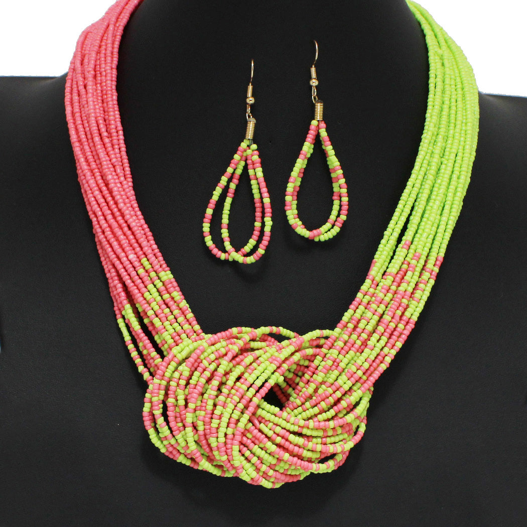 Pink & Green Knot Beaded Seed Necklace