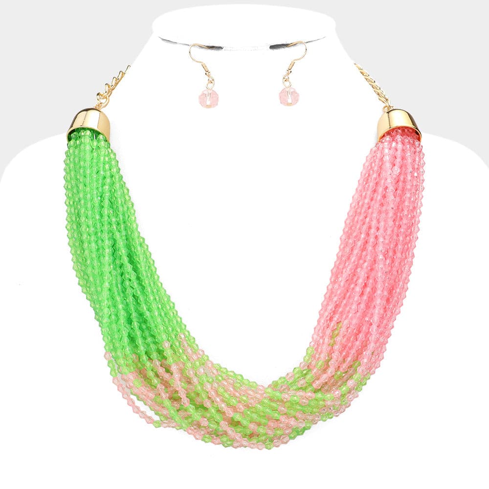 Pink & Green  Glam Beaded Necklace Set