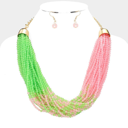 Pink & Green  Glam Beaded Necklace Set