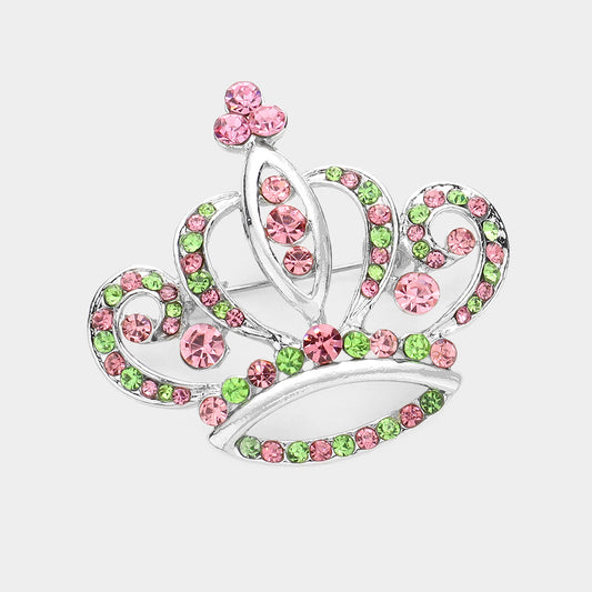 Pink & Green Rhinestone Crown Brooch Pin