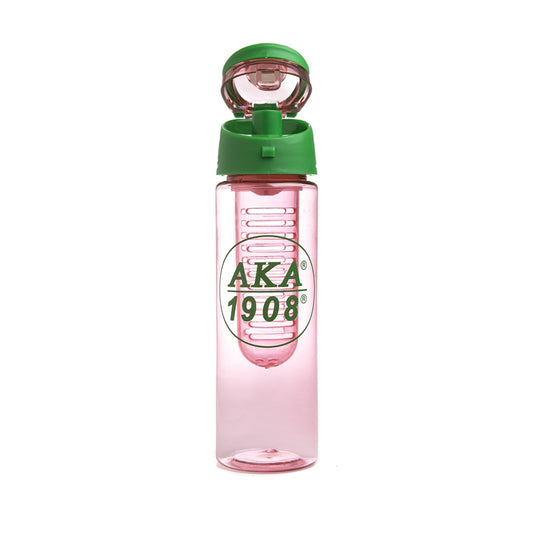 "Pink and green AKA sorority fruit-infuser water bottle with removable strainer, filled with citrus slices and mint leaves, showing 24oz BPA-free Tritan™ design"