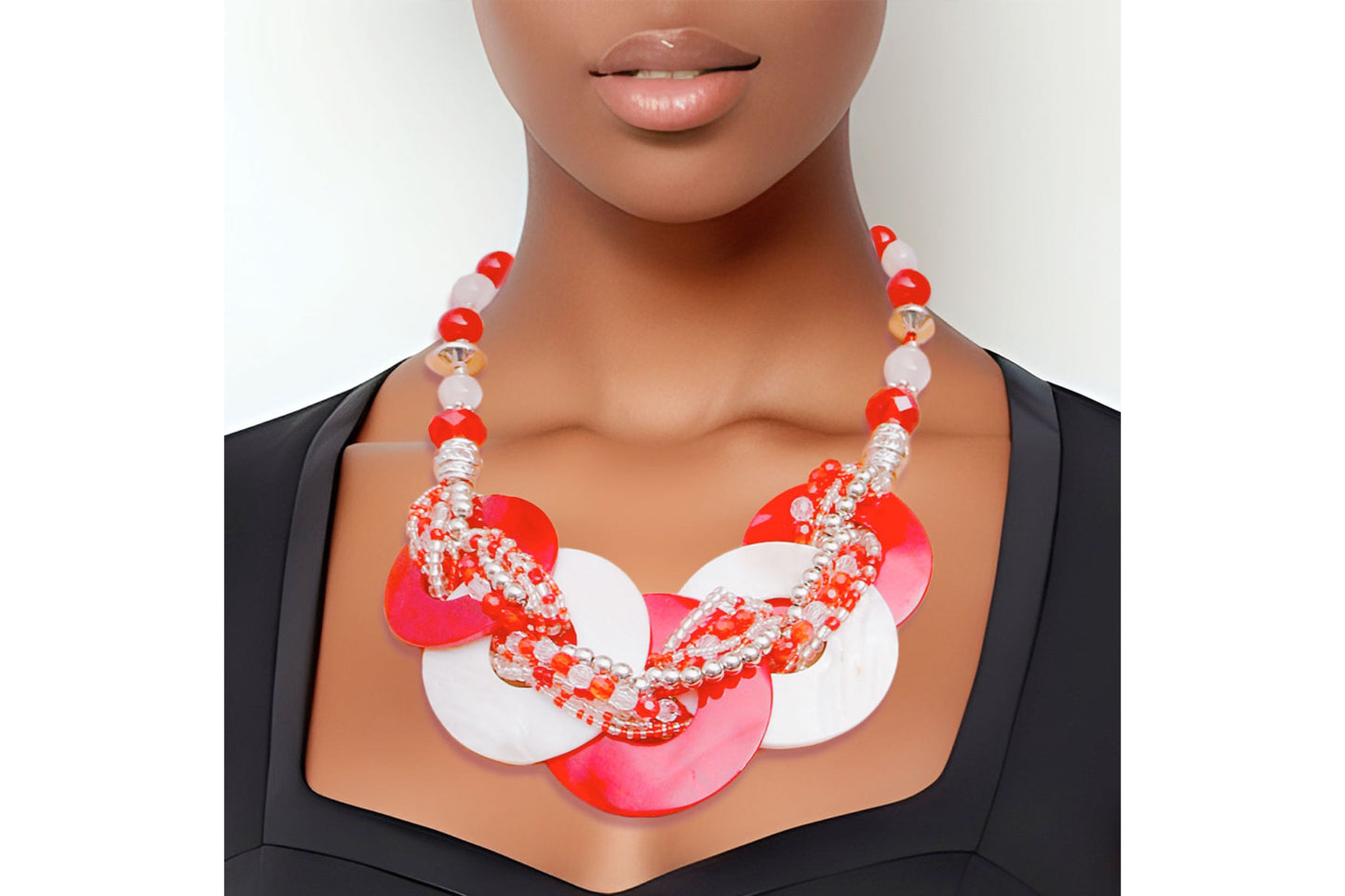 DST Sorority Jewelry – Red & White Beaded Necklace with Round Disc Pendant