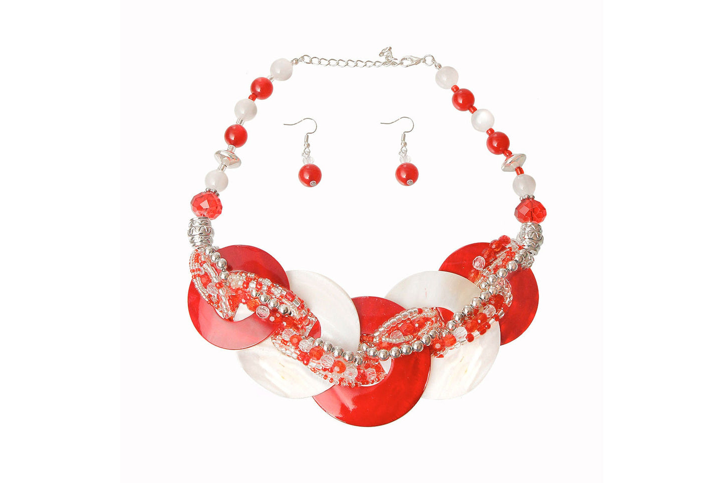 Necklace and earrings set with red and white beads on a white background