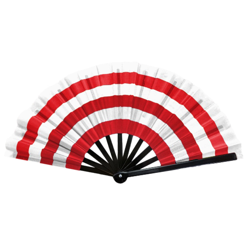 "Red and white Delta Sigma Theta folding hand fan with bold stripes, perfect for strolling, step shows, and sorority events."