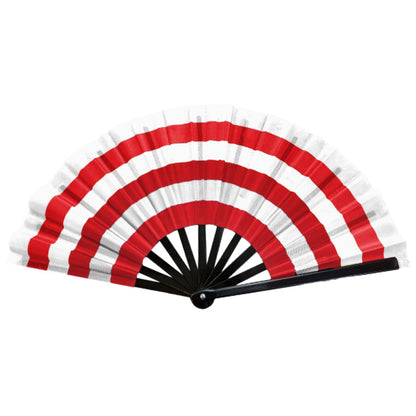 "Red and white Delta Sigma Theta folding hand fan with bold stripes, perfect for strolling, step shows, and sorority events."