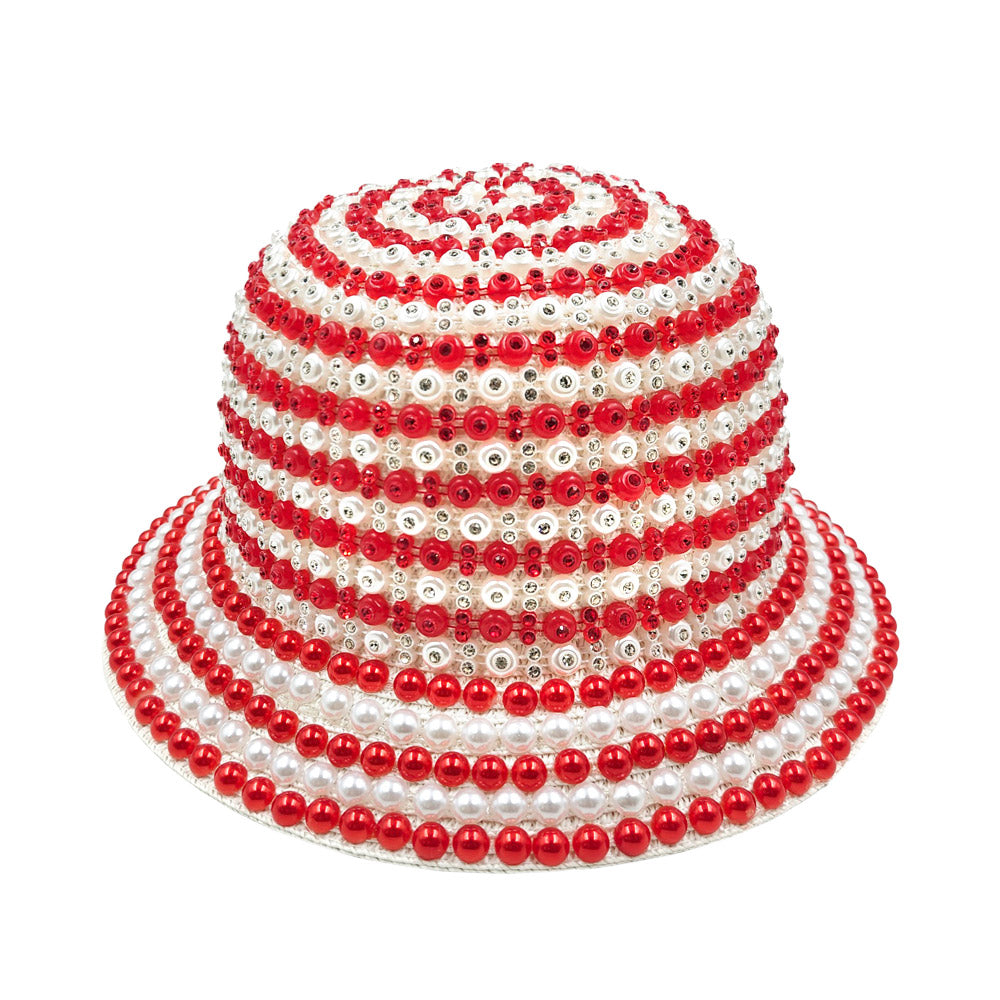Crimson Elegance Red & White Pearl Bucket Hat