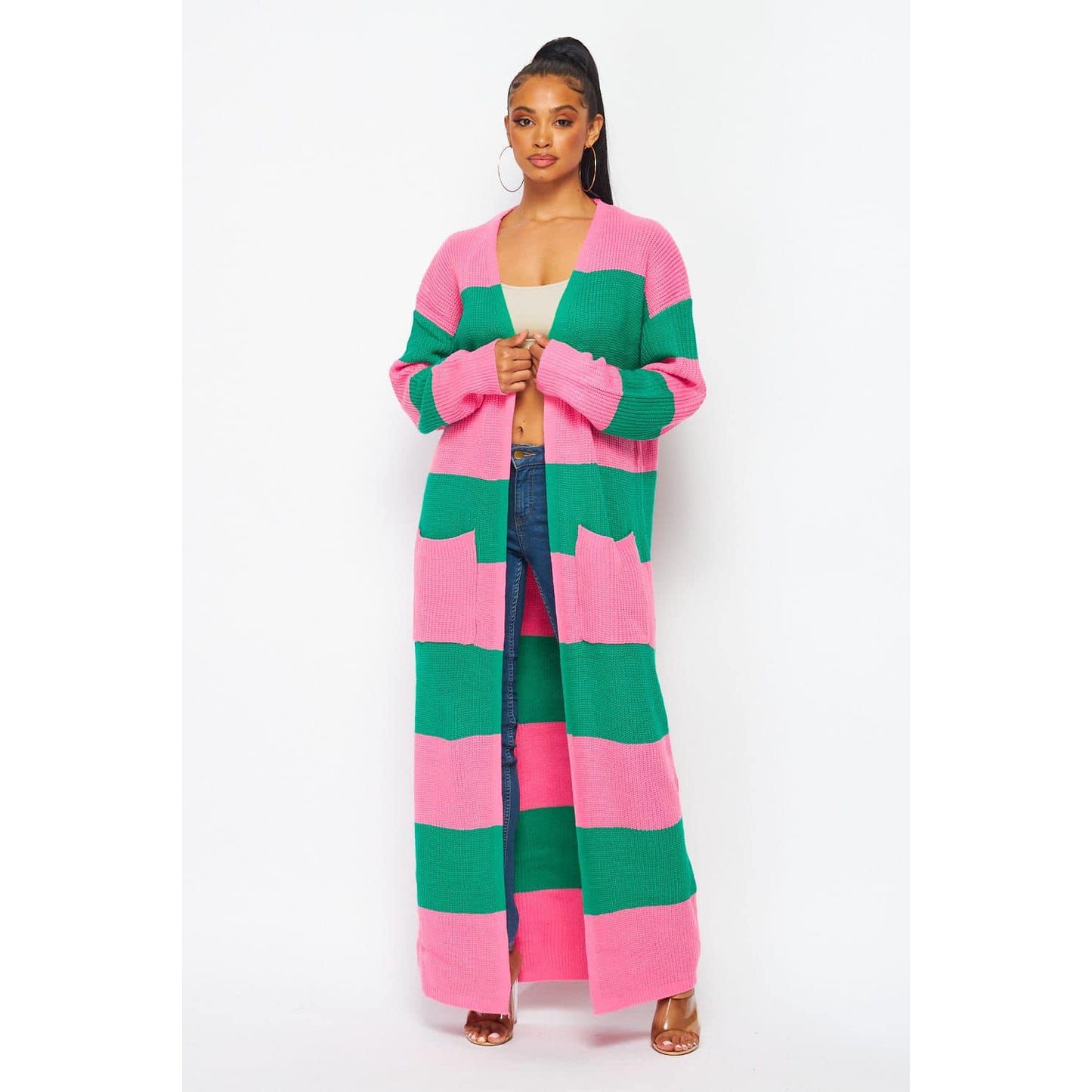 Alpha Kappa Alpha Inspired: Pink & Green Color Block (Patchwork) Cardigan Sweater