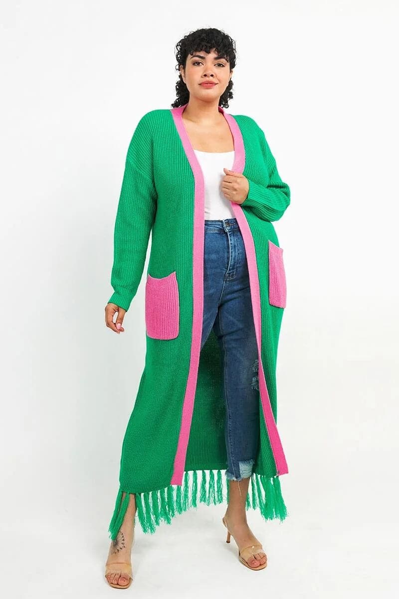 Green & Pink Fringe Cardigan Sweater